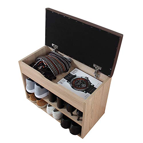 Banco Zapatero para recibidor con asiento acolchado color Roble 60x42x30cm Aspecto con tapa abierta. WM032-ES-B. RICOO