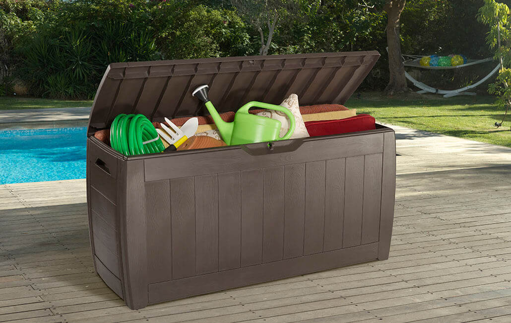 Baúl de exterior Hollywood - Arcón para jardín o balcón Color marrón. Vista exterior. Keter