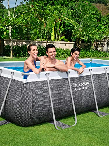 Piscina rectangular, Power Steel Deluxe Frame Pool estructura de acero y aspecto ratán gris, 404 x 201 x 100 cm 【7200 litros】. Ambiente exterior o jardín. 56721 Bestway | maxjardin