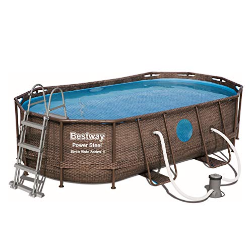 Piscina elevada Desmontable tipo Tubular Power Steel 427x250x100 cm Depuradora Cartucho 2.006 l/h Escalera y Cobertor Diseño Rattan 【7.250 litros】. BESTWAY 56714