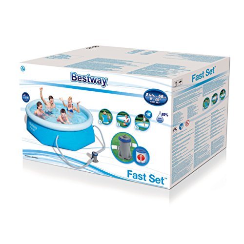 Packaging de la Piscina Desmontable Autoportante Fast Set 244x66 cm con Depuradora de cartucho de 1.249 litros/hora 【2.100 litros】57268. Bestway