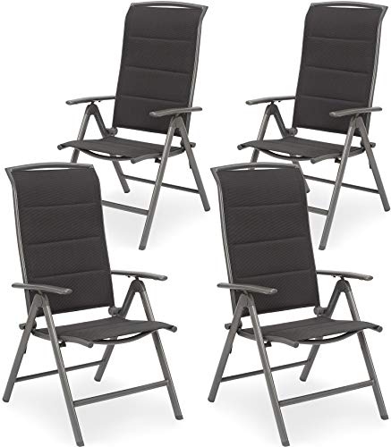 Conjunto de 4 sillas de Jardín Milano + 1 Mesa Redonda de Cristal 70 cm de Diámetro Todo plegable. Aluminio - Resistente a la Intemperie - Gris. Vista de sillas. BRUBAKER