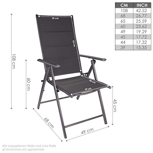 Medidas del Juego x2 Sillas Jardín Riva con Respaldo Alto Regulable Plegable en 7 Posiciones Resistentes a la Intemperie Gris Plateado. BRUBAKER