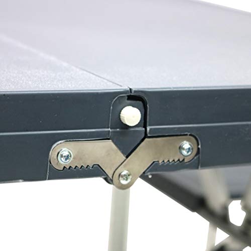 Detalle bisagra de la Mesa con 4 asientos plegable de aluminio en maleta para acampada, color gris. Cao