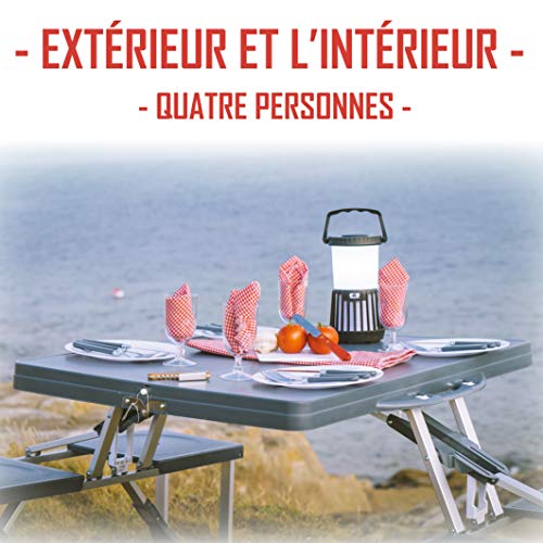 Vista en ambiente al aire libre con la Mesa con 4 asientos plegable de aluminio en maleta para acampada, color gris. Cao