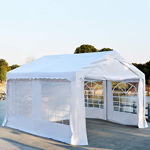Carpa 4x4m, 4 Laterales, 4 Ventanas, Acero PE Blanco, Protección UV. Vista de aspecto con laterales. Outsunny