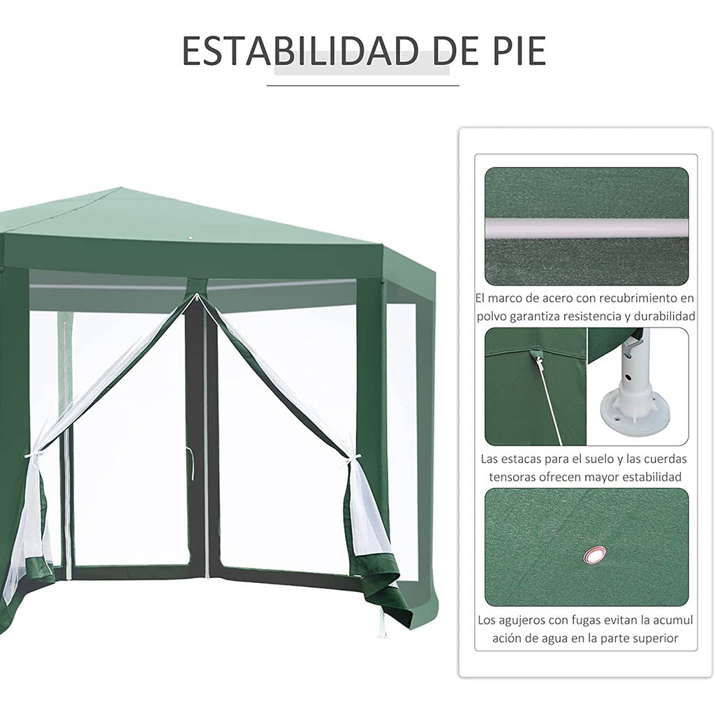 Carpa Hexagonal con Mosquitera φ3.9m Poliéster Repelente al Agua, Color Verde. Detalles. Outsunny