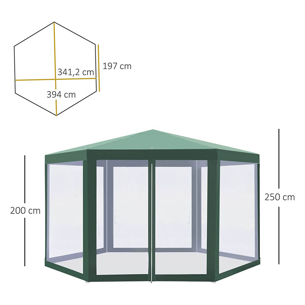 Carpa Hexagonal con Mosquitera φ3.9m Poliéster Repelente al Agua, Color Verde. Medidas. Outsunny