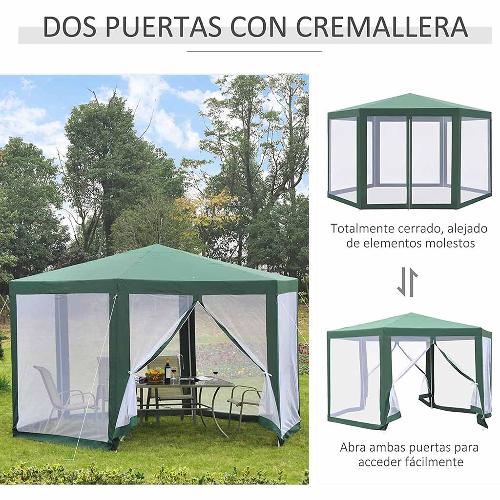 Carpa Hexagonal con Mosquitera φ3.9m Poliéster Repelente al Agua, Color Verde. Puertas con cremallera. Outsunny