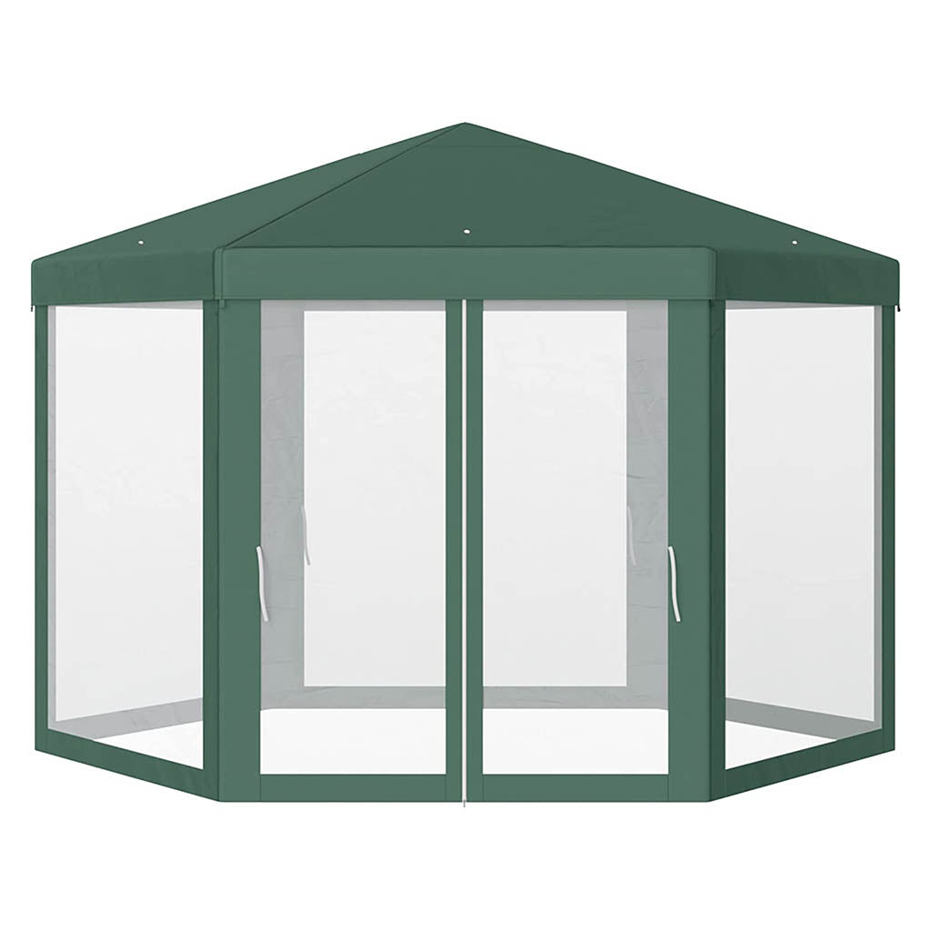 Carpa Hexagonal con Mosquitera φ3.9m Poliéster Repelente al Agua, Color Verde. Vista general. Outsunny