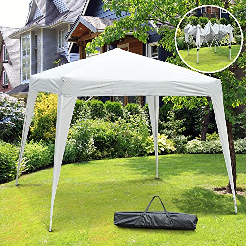Carpa Plegable 3x3m de Acero y Cubierta de Tela Oxford Blanco. Vista de plegado y desplegado en ambiente de jardín. Outsunn