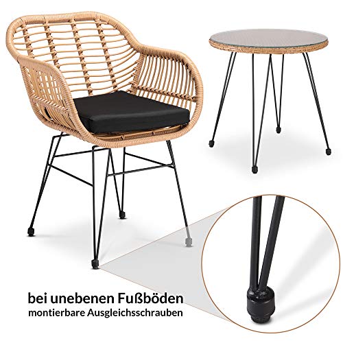 Conjunto de jardín BALI: 1 mesa y 2 sillas de mimbre para interior exterior jardín balcón terraza. Detalle de patas regulables para corregir desniveles. Casaria