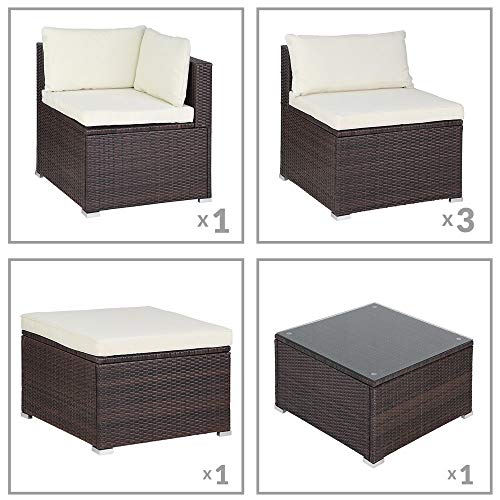 Conjunto Lounge de jardín. Mesa y sofás con cojínes Marrón y Crema. Set de Muebles Chill Out para su Jardín Terraza Exterior 210x210x70 cm. Detalle de módulos. Casaria