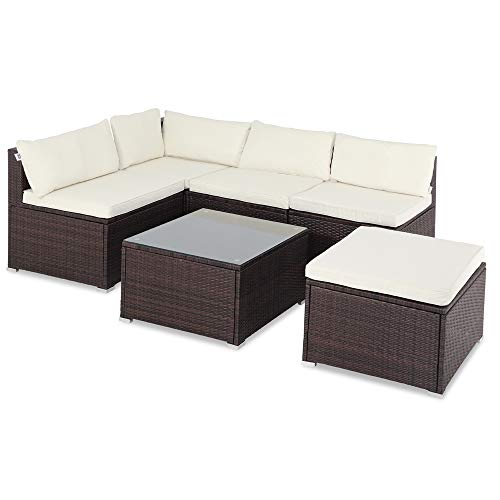 Conjunto Lounge de jardín. Mesa y sofás con cojínes Marrón y Crema. Set de Muebles Chill Out para su Jardín Terraza Exterior 210x210x70 cm. Casaria