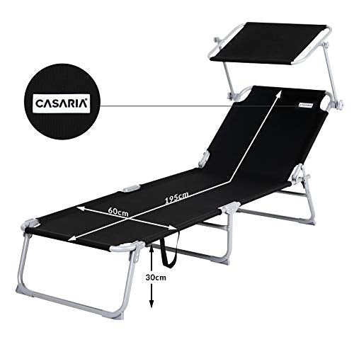 Medidas de la Tumbona de jardín con Parasol Antracita Techo Ajustable y Respaldo Silla Larga Plegable con Asas 195x60cm Exterior. Casaria