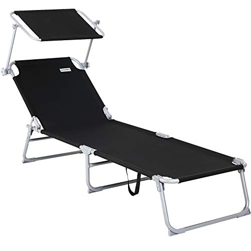 Tumbona de jardín con Parasol Antracita Techo Ajustable y Respaldo Silla Larga Plegable con Asas 195x60cm Exterior. Casaria