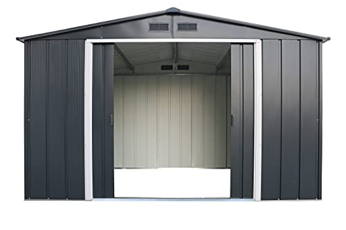 Detalle de frente con puertas abiertas de la caseta de Jardín ECO GANDIA 10X8 de Duramax sobre fondo blanco