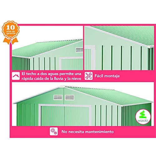 Caseta de jardín metálica Verde 2,2 m2. 194x110x188cm. Garantía 10 años. Detalles. Light Green de Wasabi