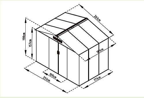Caseta Metálica de jardín Cambridge 4,72 m² . 181x261x198 cm Acero Galvanizado Verde. Medidas. GARDIUN KIS12767