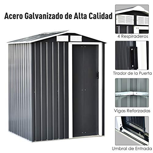 Caseta de Jardín Metálica Cobertizo para Almacenaje de Herramientas Techo Inclinado 4 Ventilaciones 150x130x186cm Gris y Blanco. Características. Outsunny | maxjardin
