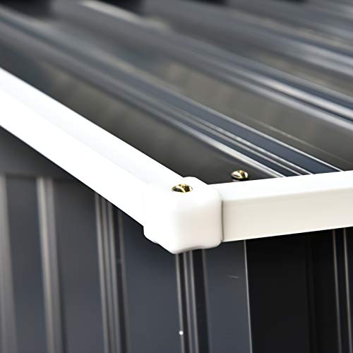 Caseta de Jardín Metálica Cobertizo para Almacenaje de Herramientas Techo Inclinado 4 Ventilaciones 150x130x186cm Gris y Blanco. Detalle de remate de tejado a dos aguas. Outsunny | maxjardin