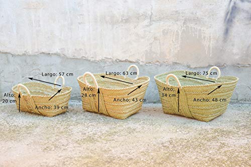 Medidas de 3 Cestos de esparto natural para leña hechos en España por Cesterías Aparici. Medidas.