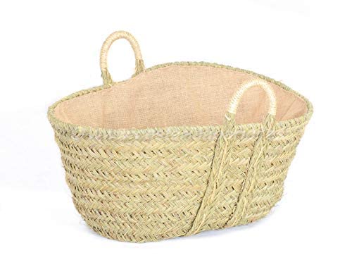 Cesto Leñero de Esparto con Asas de Pita reforzadas, forrado en tela de arpillera. Grande (57X47X29) 7110F-2 Hecho en España. Vista general. Cestería Aparici