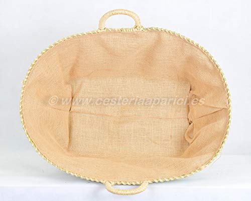 Detalle del tejido del forro del Leñero de esparto forrado de arpillera, yute. REGALO: escobilla y aventador (60X43X28) 7149-Mediana. Hecho en España por Cesteria Aparici