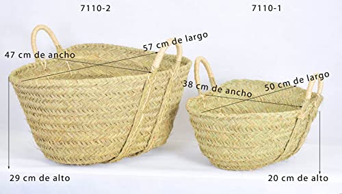 Medidas de Leñeros de Esparto en 2 tamaños disponibles con Asas de Pita. Cestería Aparici