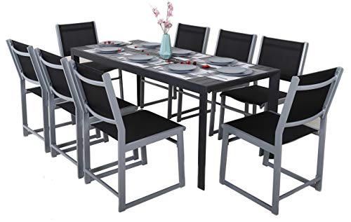 Conjunto de 8 sillas y Mesa extensible de aluminio para jardín, 127-180 x 77 x 71,5 cm (Gris- Carbón). Chicreat