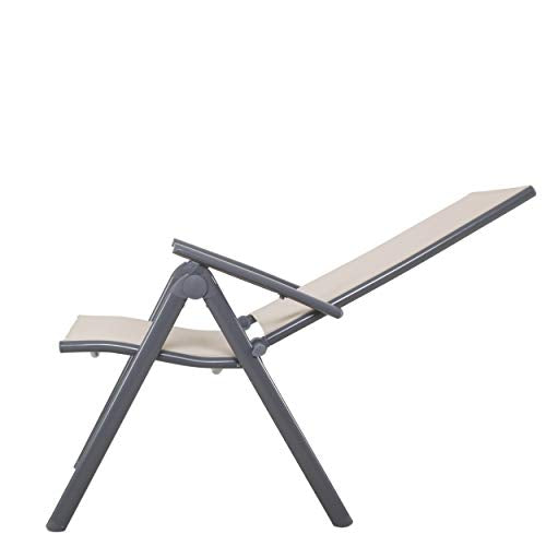 Vista de perfil con respaldo reclinado de la Silla plegable de aluminio reclinable en 8 posiciones Korfu, beige o negro. Chicreat