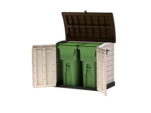 Puertas abiertas con contenedores de basura. Store It Arc, Capacidad 1200 litros, Cobertizo de Jardín Exterior Color topo y beige. Keter | maxjardin