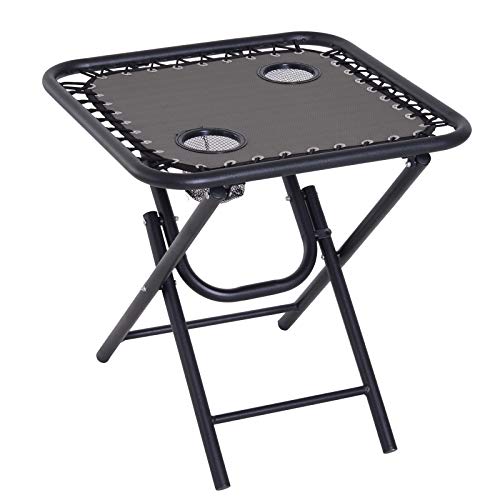 Conjunto de 1 Mesa y 2 Tumbonas Set Exteriores Plegable y Portátil para Jardín Playa Relajante con Respaldo Reclinable Textilene Acero Gris. Detalle de mesa. Outsunny