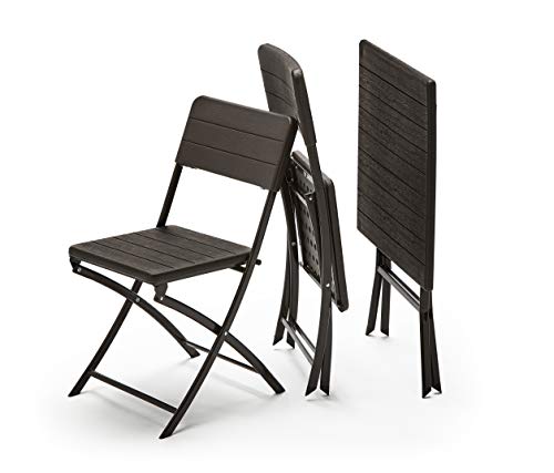 Conjunto Balcón/Terraza Plegable, 1 Mesa + 2 Sillas, Marrón Imitación Madera. Sillas y mesa plegables. Detalle de silla y mesa plegables. Wood Balcón 62C. KG Kit Garden