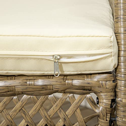 Detalle del cojín y asiento del sillón del Conjunto de Muebles de Jardín de Ratán 7 Piezas de Comedor para Exterior con 6 Sillas + Cojines y Mesa de Vidrio Templado Marrón. Outsunny