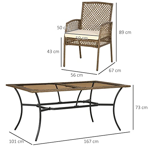 Medidas de la mesa y silla del Conjunto de Muebles de Jardín de Ratán 7 Piezas de Comedor para Exterior con 6 Sillas + Cojines y Mesa de Vidrio Templado Marrón. Outsunny