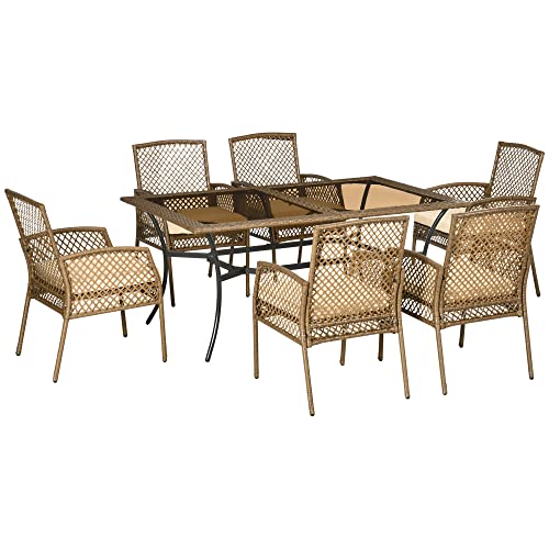 Conjunto de Muebles de Jardín de Ratán 7 Piezas de Comedor para Exterior con 6 Sillas + Cojines y Mesa de Vidrio Templado Marrón. Outsunny