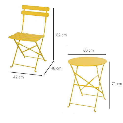 Medidas del conjunto de Muebles Plegables de Jardín de 3 Piezas Mesa y 2 Sillas de Metal para Balcón Terraza Exteriores Ø60x71 cm Amarillo. Outsunny