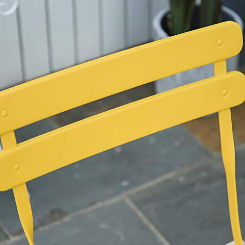 Detalle del respaldo de conjunto de Muebles Plegables de Jardín de 3 Piezas Mesa y 2 Sillas de Metal para Balcón Terraza Exteriores Ø60x71 cm Amarillo. Outsunny