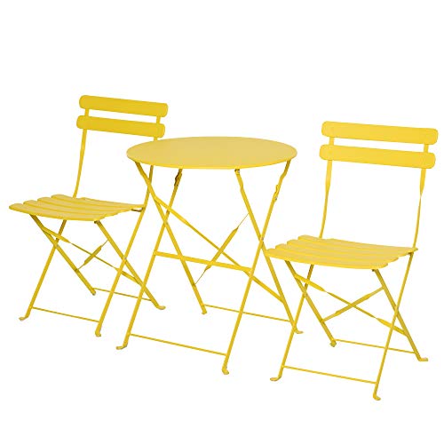 Conjunto Muebles Plegables de Jardín de 3 Piezas Mesa y 2 Sillas de Metal para Balcón Terraza Exteriores Ø60x71 cm Amarillo. Outsunny