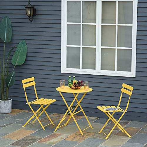 Conjunto de Muebles Plegables de Jardín de 3 Piezas Mesa y 2 Sillas de Metal en Terraza. Ø60x71 cm Amarillo. Outsunny