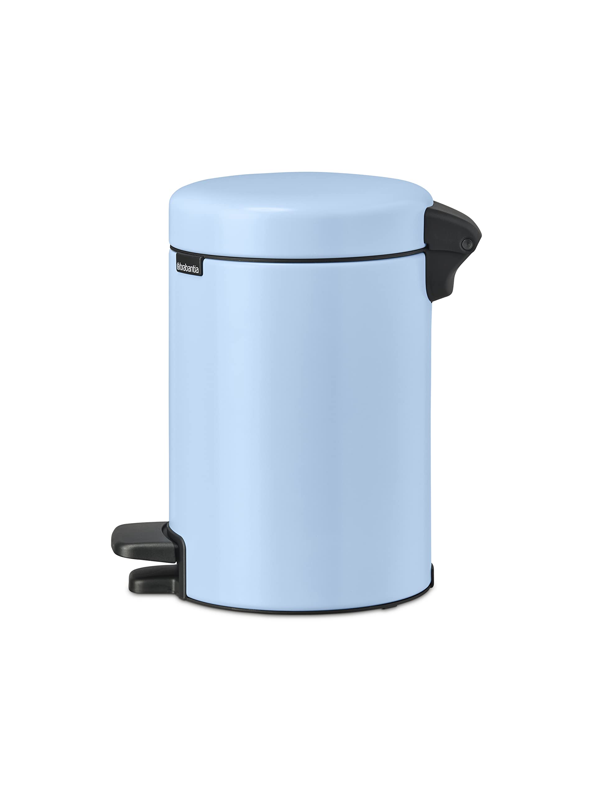 Papelera de pedal Brabantia azul claro de perfil sobre fondo blanco