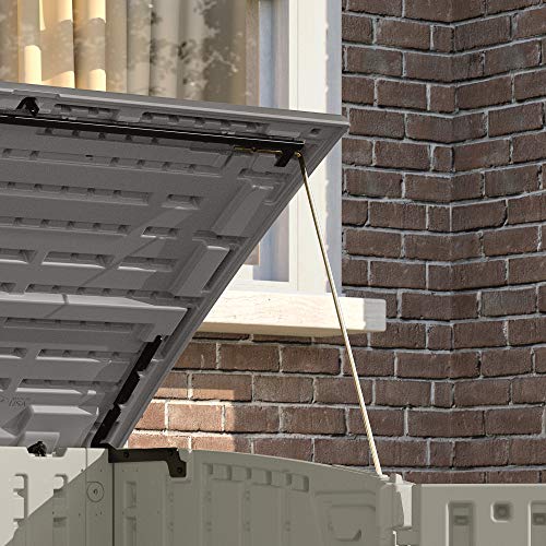 Detalle de pistón de apertura de Cubre contenedores, cobertizo BMS 2500. 2 Cubos de Basura 135 x 82 x 116 cm, Gris. BMS2500. Suncast