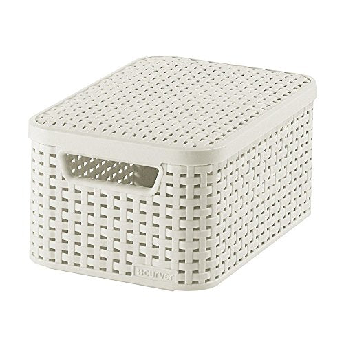 Cesta con Tapa con Efecto Mimbre de tamaño pequeño fabricado con Polipropileno Color Blanco. 20 x 29 x 14 cm. Vista general. 205840 - CURVER