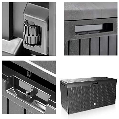 Características. del Baúl Arcón de Almacenaje decorado en Ratán colorAntracita para Exterior e Interior para guardar las cosas del jardín. Casaria