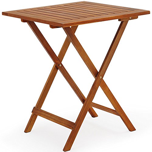 Conjunto de balcón Juego de 1 Mesa y 2 sillas Plegables de Madera de Acacia 60 x 60 cm terraza jardín. Vista de conjunto y modo de plegado. Detalle de mesa. Deuba