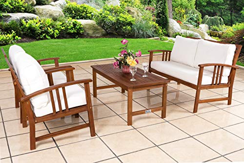 Conjunto de jardín Lounge Atlas de Madera de Acacia Set de 1 Mesa 2 Sillas y un Sillón de 2 plazas. Vista de conjunto en patio de jardín. Deuba