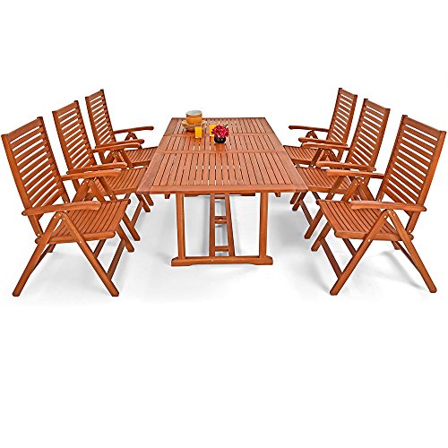 Vista frontal de Conjunto de Muebles Unikko 6+1. Madera de eucalipto certificada FSC – Deuba | maxjardin