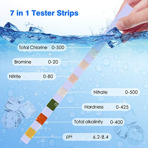 Definición de mediciones con colores de las Tiras de Prueba de Piscina- Medidor ph 7 en 1 con 100 PCS para Pruebas cualitativas y Semi-cualitativas de la Calidad del Agua, como PH,Cloro Residual para Piscinas, spas, estanques. Dustgo