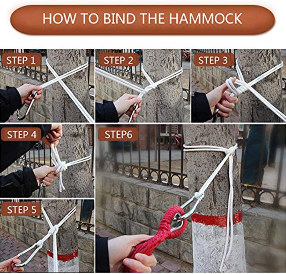 Secuencia de montaje de la Hamaca Colgante de Tela con 60cm Travesaños de Madera, 220x150cm Hamacas Grande con Almohada Inflable para Jardín Acampada Exterior, 300kg Carga, Rayas. EASY EAGLE